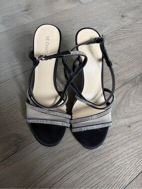 le chateau Black Strappy Heeled Sandals with Rhinestone Accent